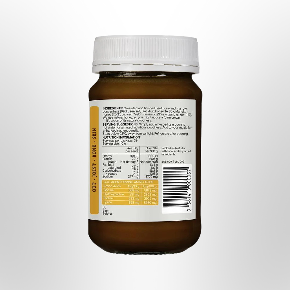 BOTB Beef Bone Broth Concentrate Manuka Honey Ginger Cinnamon 390g