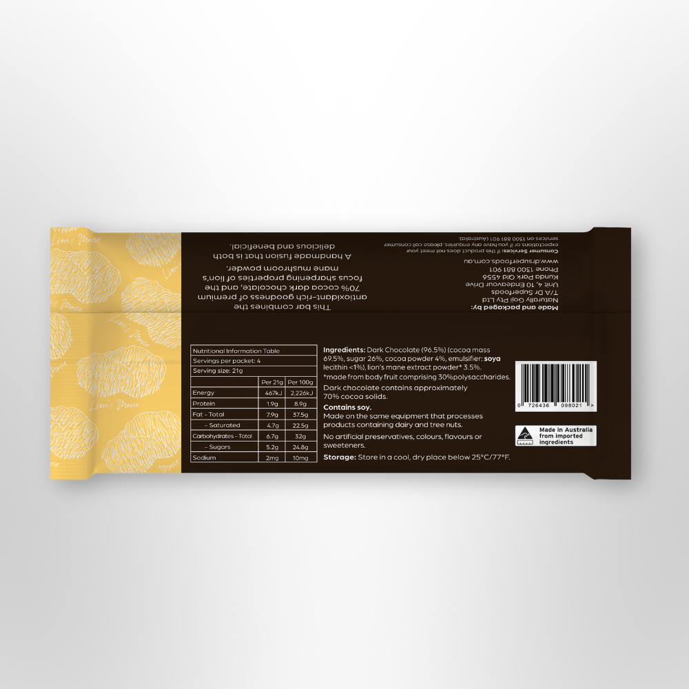 DR SUPERFOODS Dark Chocolate Bar Mental Clarity LIONS MANE 85g