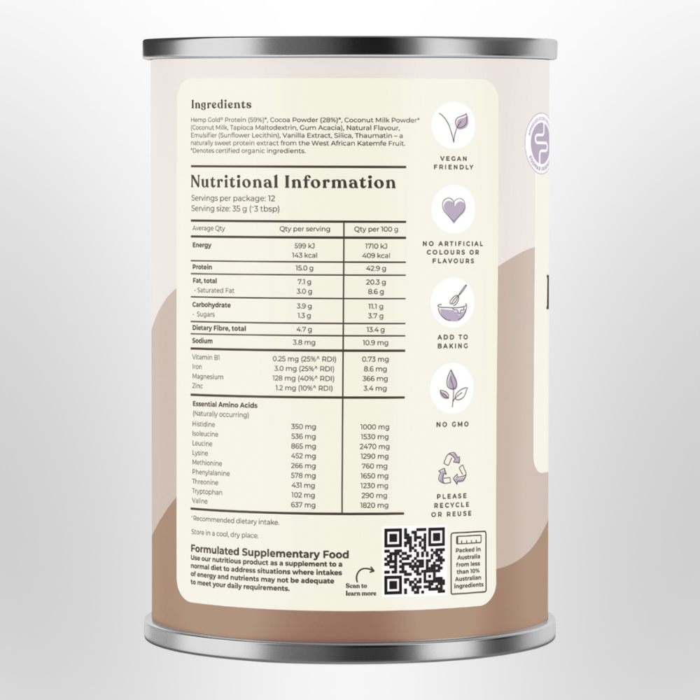 HEMP FOODS AUSTRALIA Hemp Protein Shake Chocolate Organic 420g